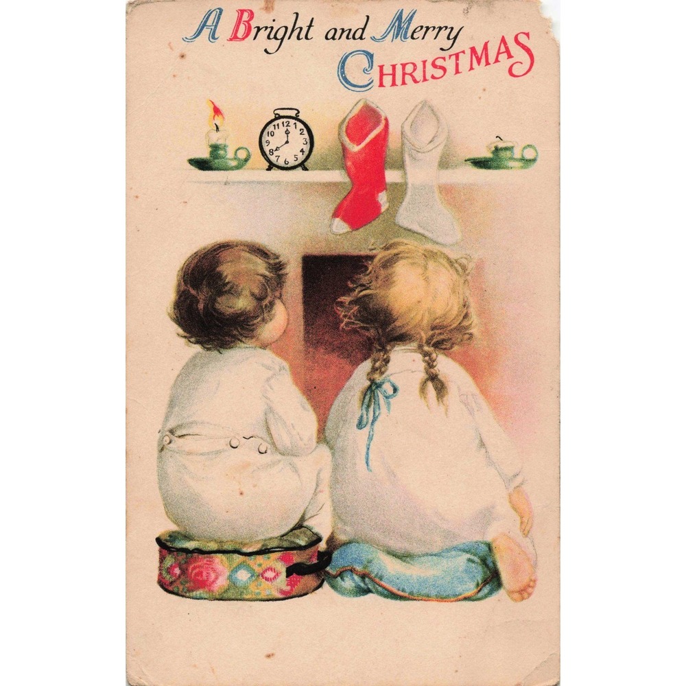 Christmas Postcard Wolf & Co Children Fireplace Stockings c1910 Divided Back